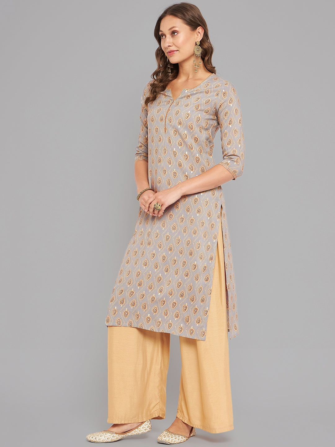 Women Grey Ethnic Motifs Printed Kurta With Piping