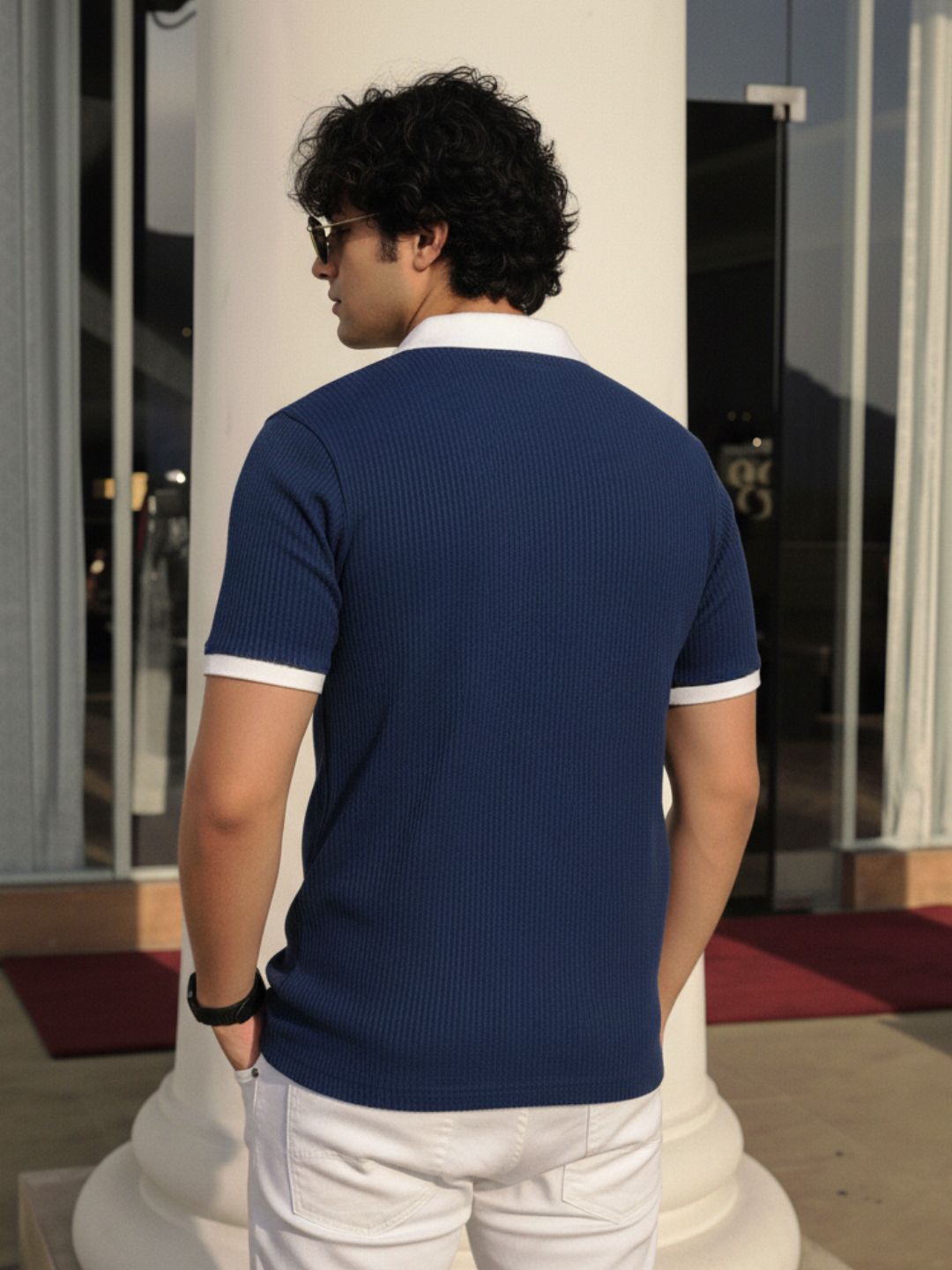 Navy Blue Solid Waffle Cut Away Collar Polo T-Shirt