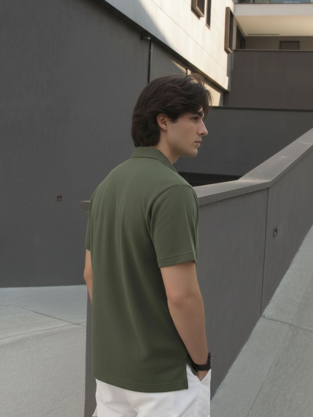 Army Green Solid Terry Cut Away Collar Regular Fit Polo T-Shirt
