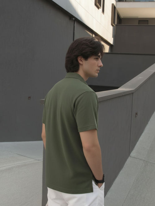 Army Green Solid Terry Cut Away Collar Regular Fit Polo T-Shirt