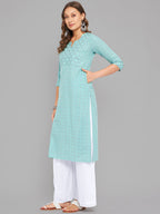 Women Sea Green Kurta With Embroidered Yoke Krya