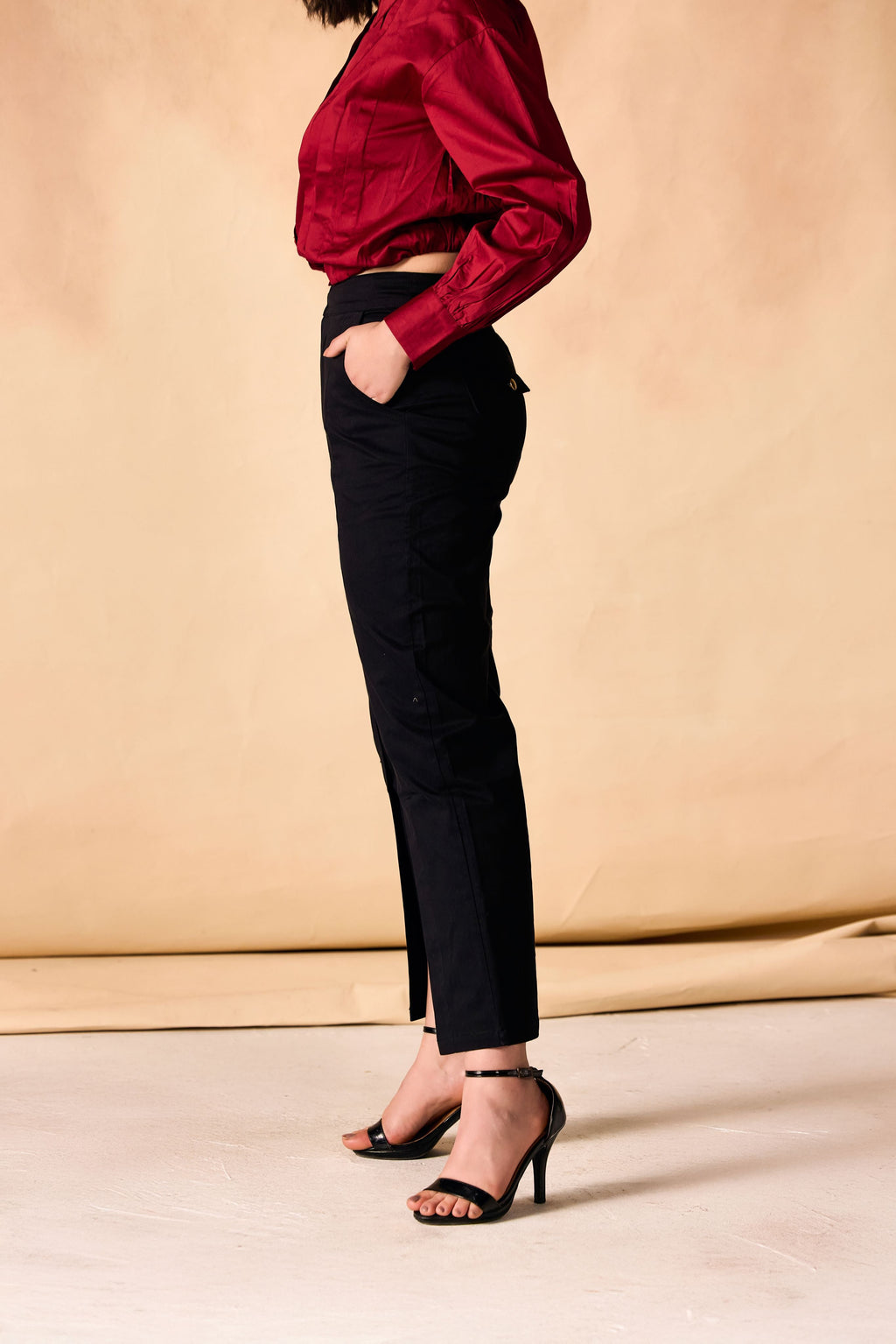 Black Front Slit Hem Straight-Leg Pants