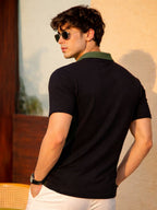 Army Green Colorblock Terry Cut Away Collar Polo T-Shirt