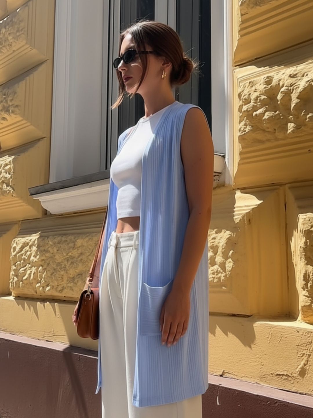 Light Blue Self Textured Drop Needle Sleeveless Shrug