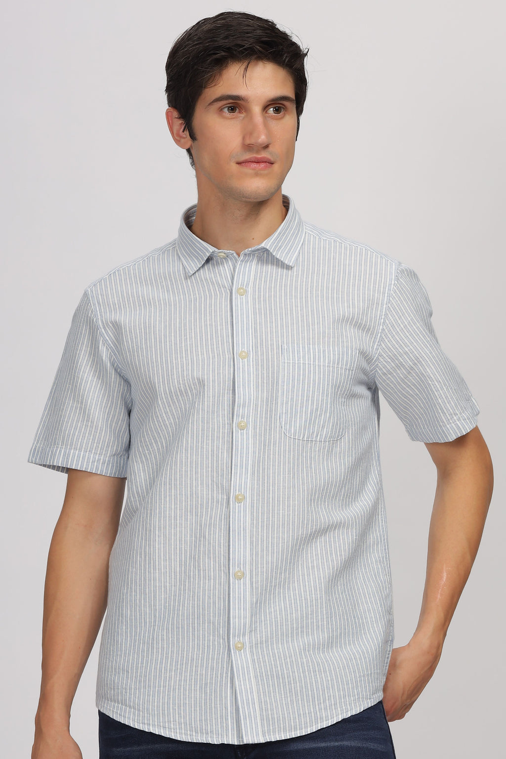 Uri Half Sleeve Linen Striped Shirt Uri