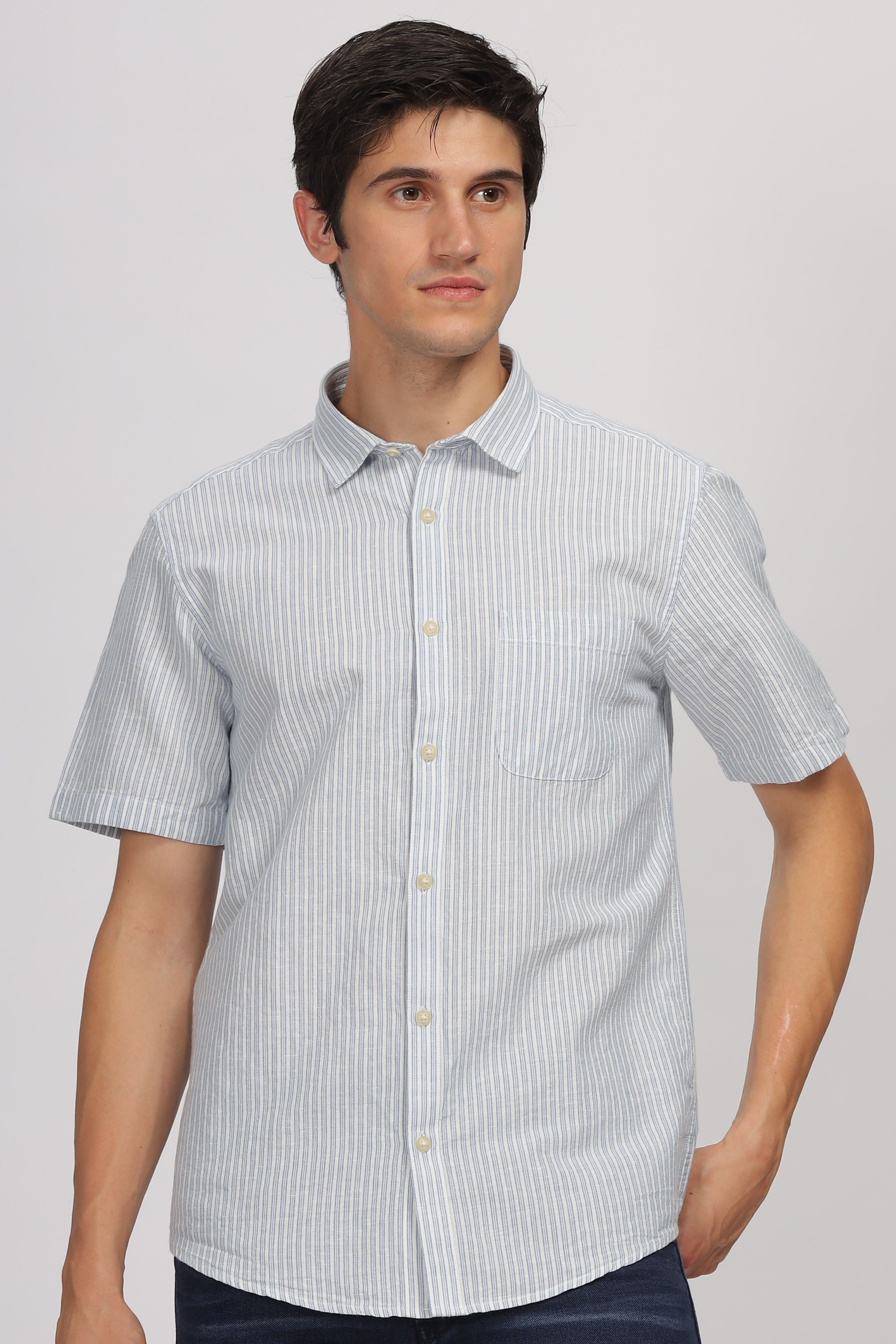 Uri Half Sleeve Linen Striped Shirt Uri