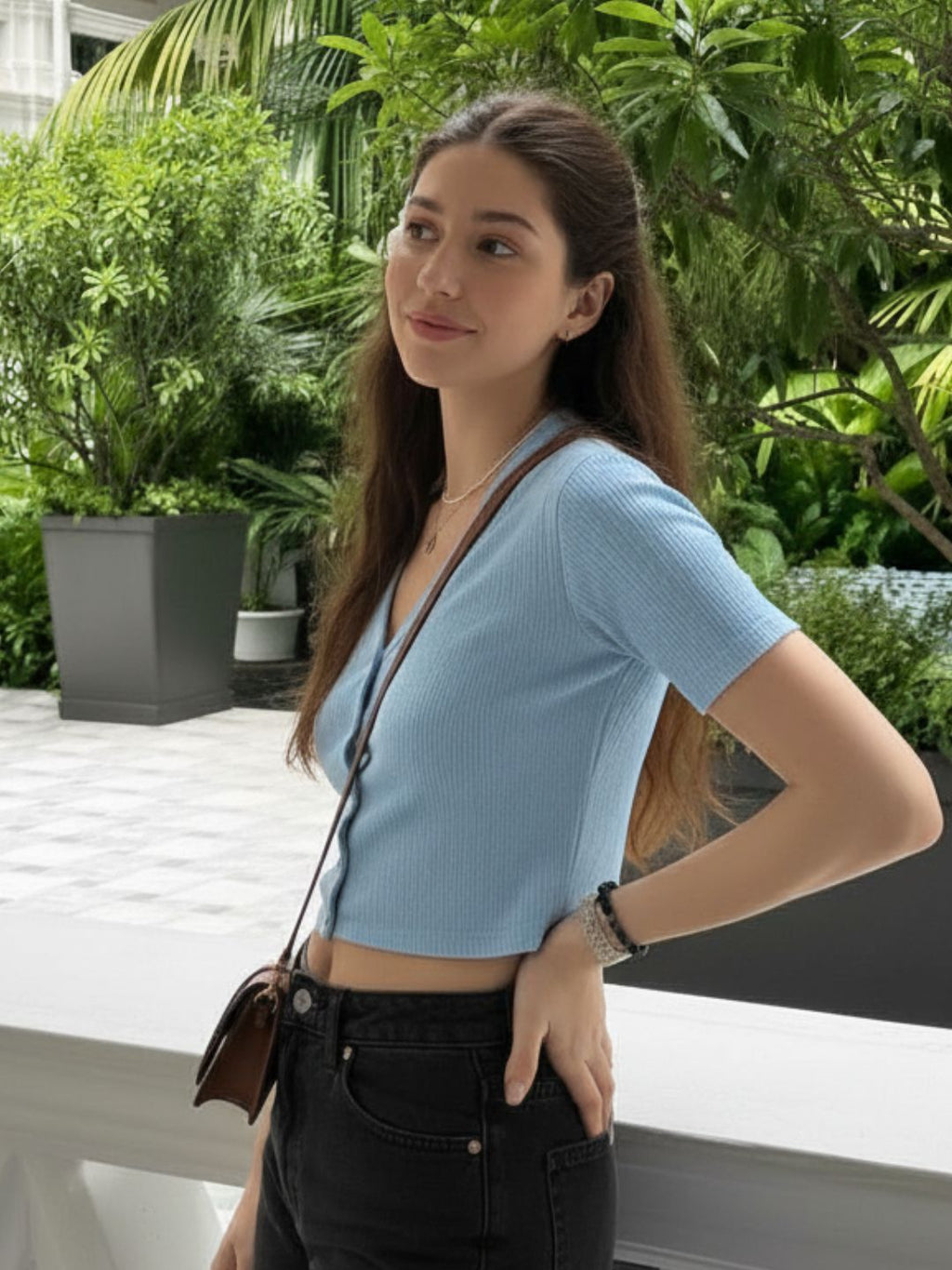 Light Blue Drop Needle Self Textured Half Sleeves Top