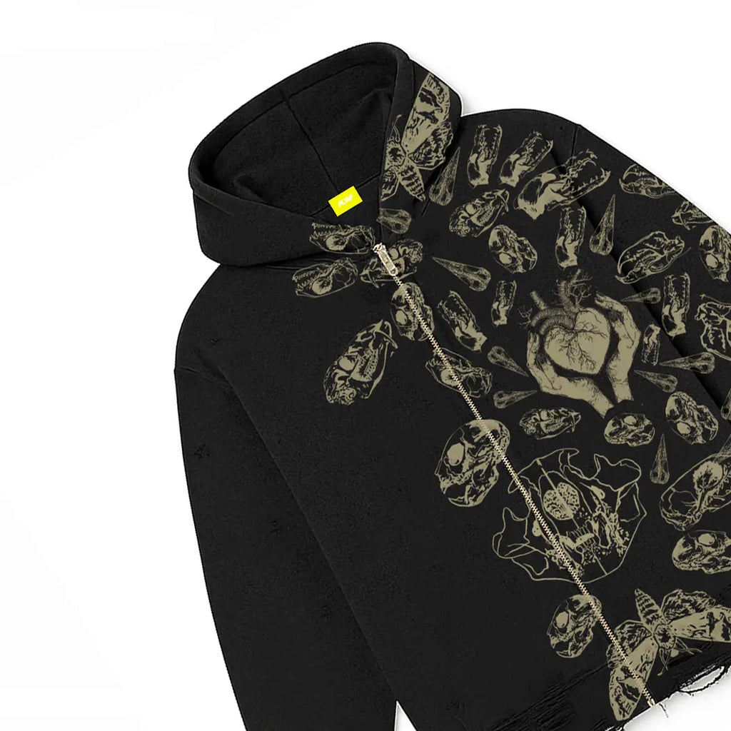 Fractured Pulse Printed Black Zipper Hoodie FLYAF