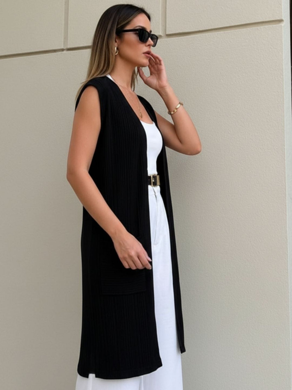 Black Self Textured Drop Needle Sleeveless Shrug