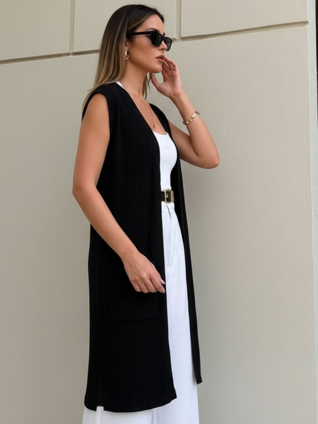Black Self Textured Drop Needle Sleeveless Shrug