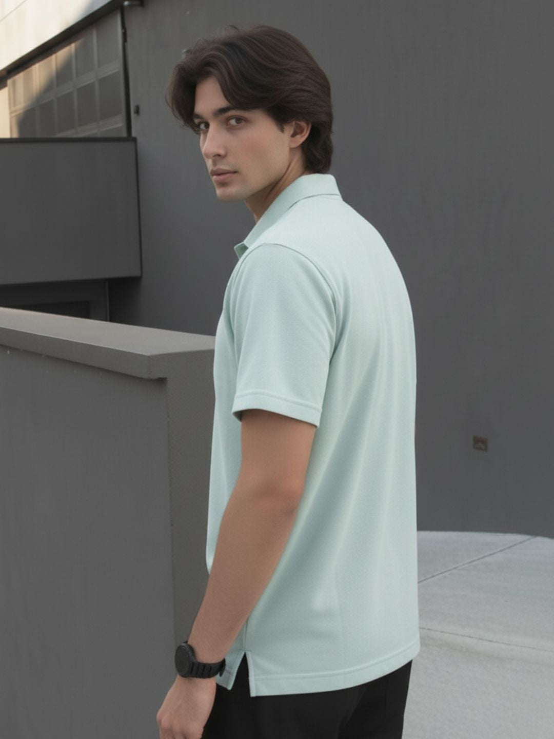 Jade Green Solid Terry Cut Away Collar Regular Fit Polo T-Shirt