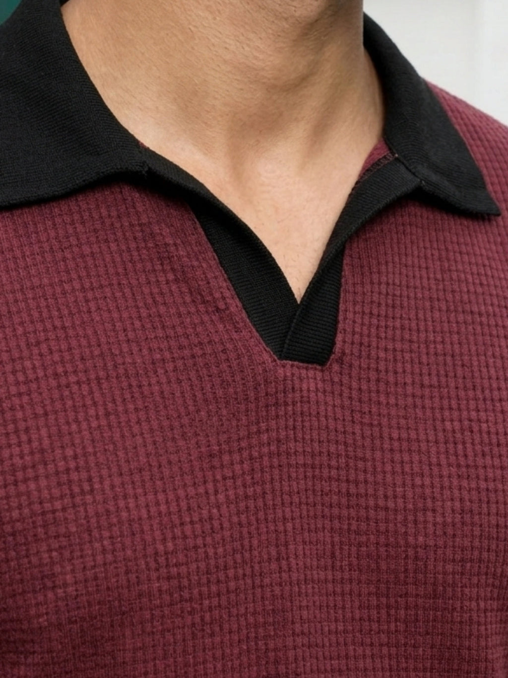 Wine Solid Waffle Cut Away Collar Polo T-Shirt