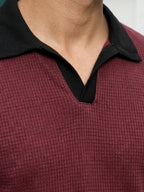 Wine Solid Waffle Cut Away Collar Polo T-Shirt