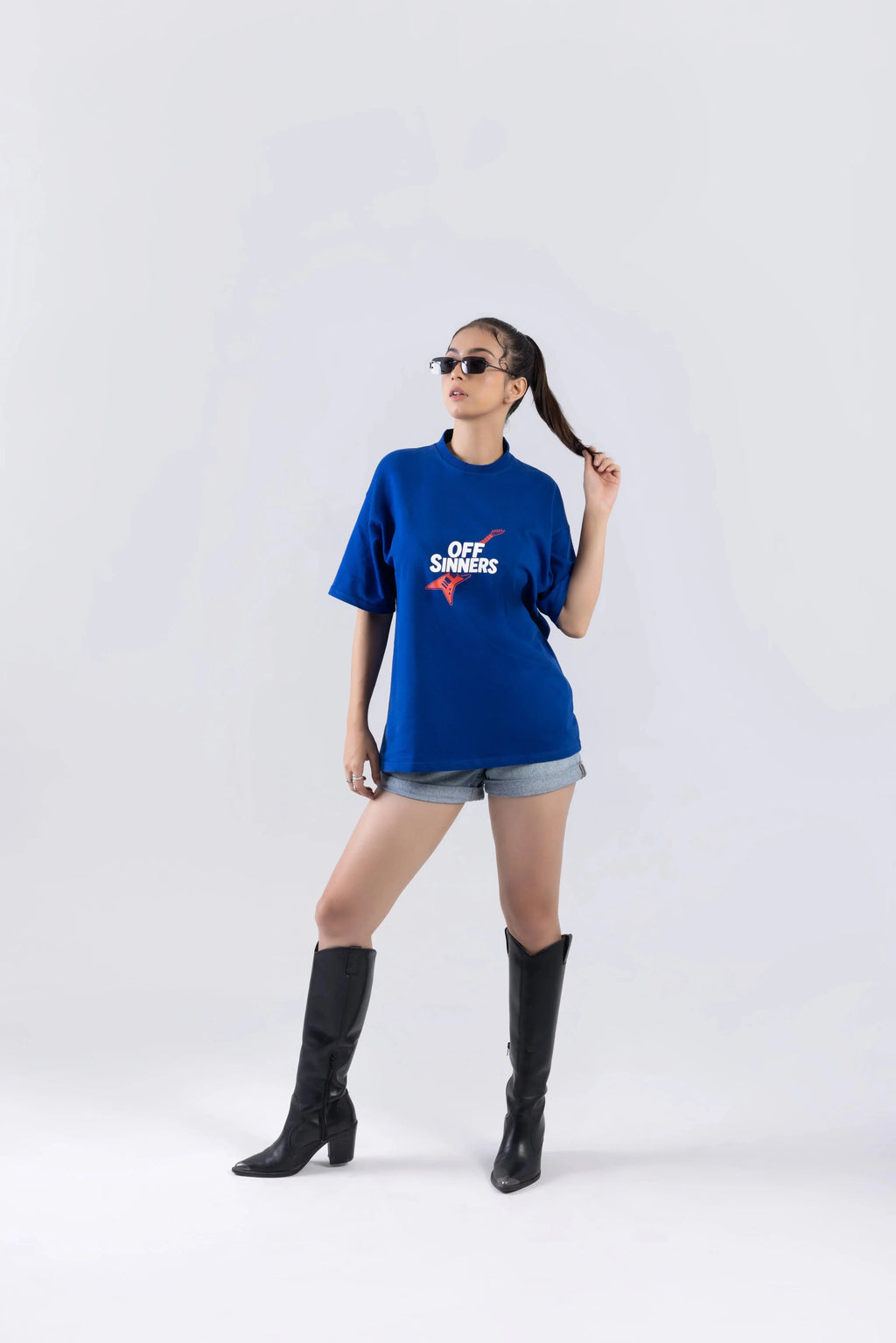 "Play Metal" Round Neck Printed Blue T-Shirt Off Sinners