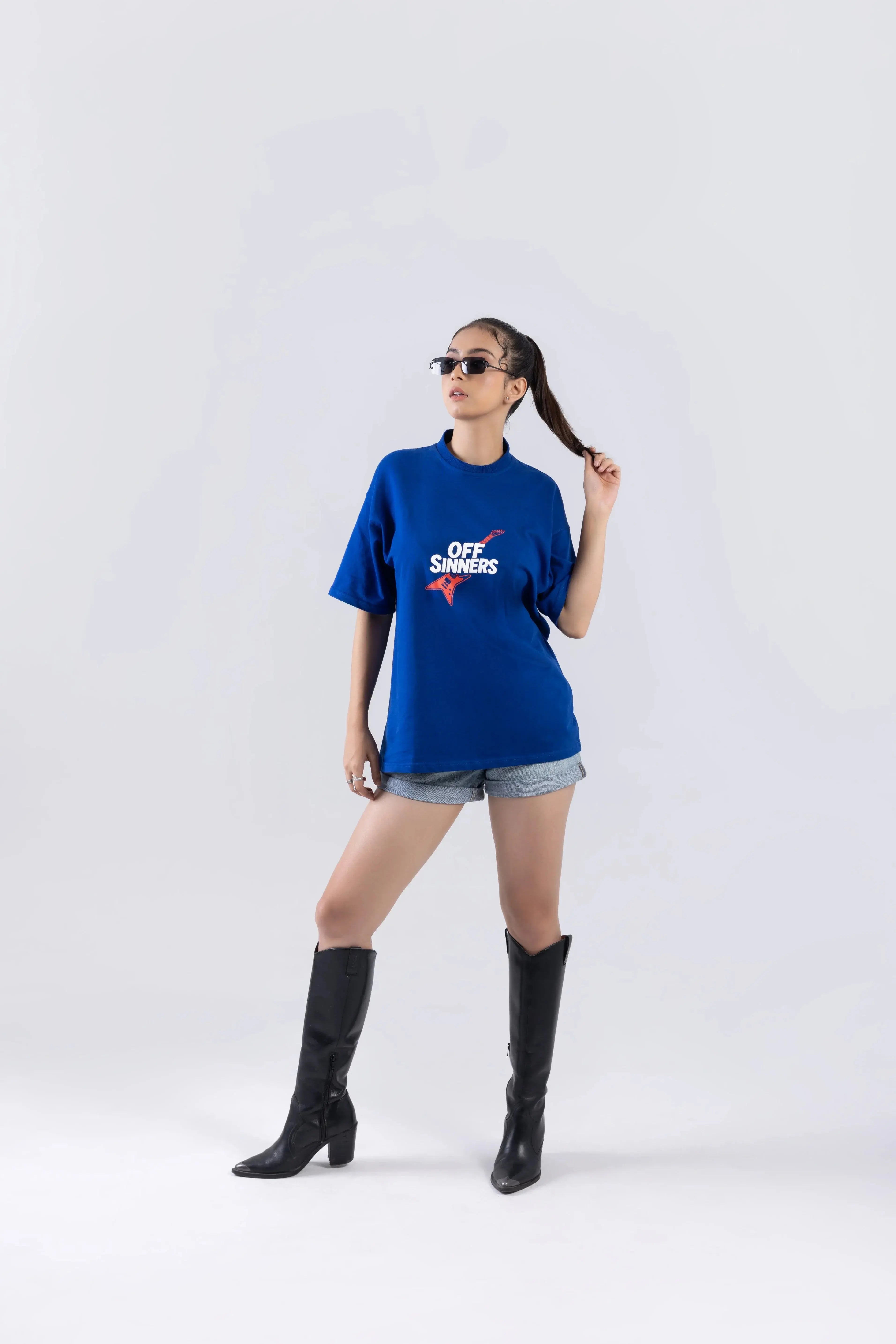 "Play Metal" Round Neck Printed Blue T-Shirt Off Sinners