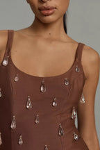 Luvia Brown Beaded Mini Dress De Novoo