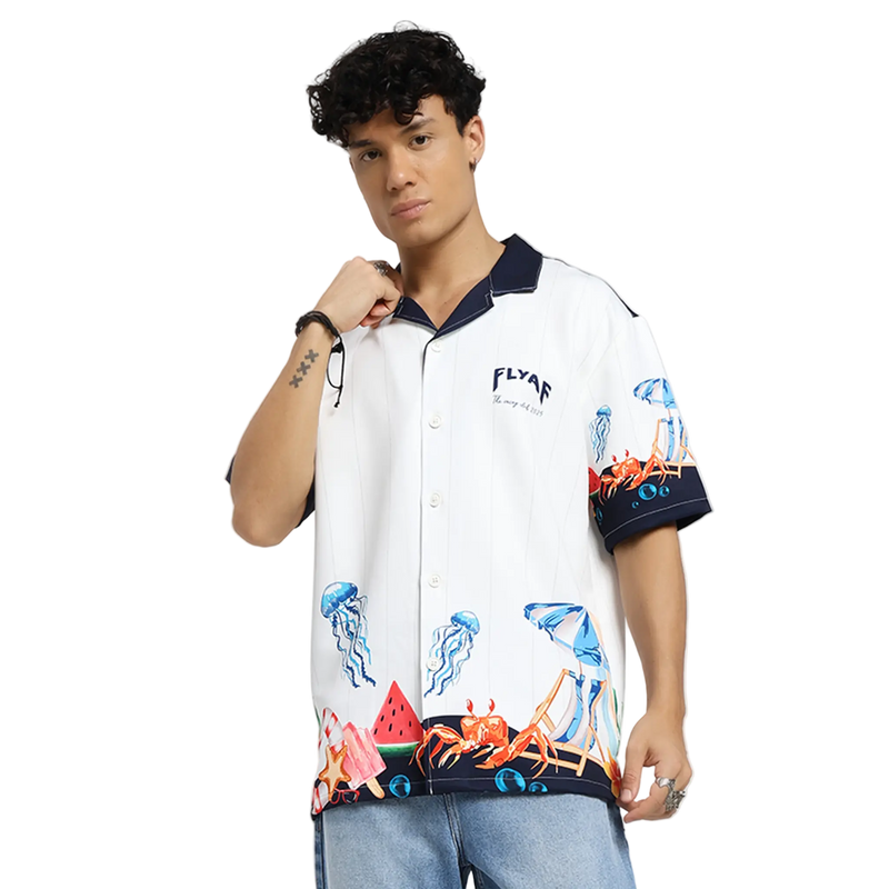 Vacay Club Half-Sleeves Printed White Shirt FLYAF
