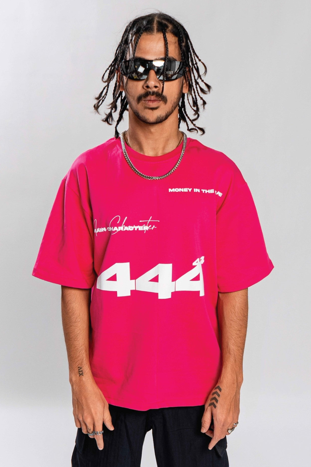 444 Oversized Round Neck Printed Pink T Shirt