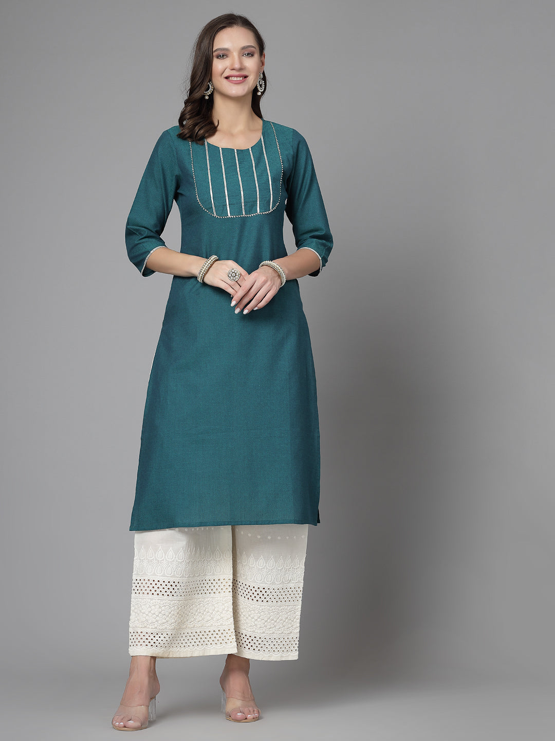 Women Dark Green Festive Kurta With Lace