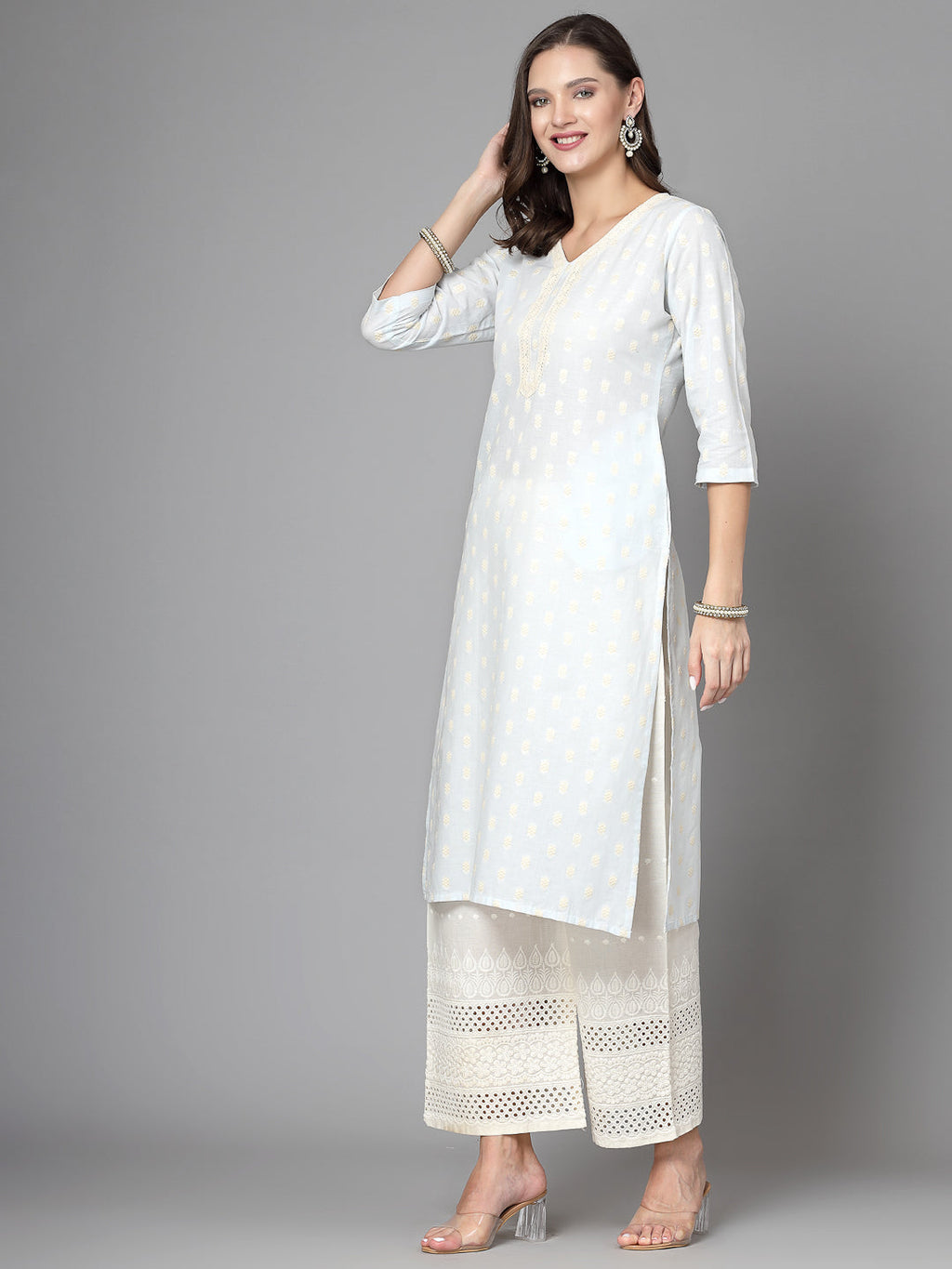 Women Sky Blue Cotton Dobby Kurta With Lace Krya
