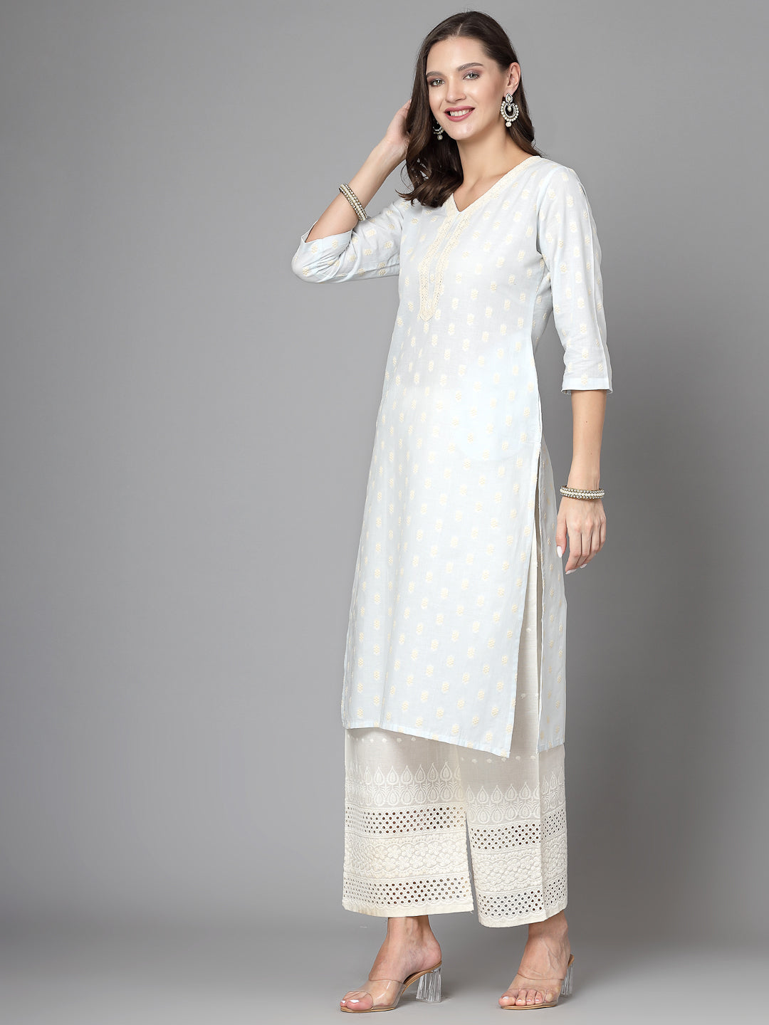 Women Sky Blue Cotton Dobby Kurta With Lace