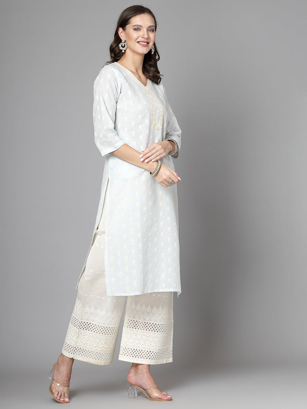 Women Sky Blue Cotton Dobby Kurta With Lace Krya