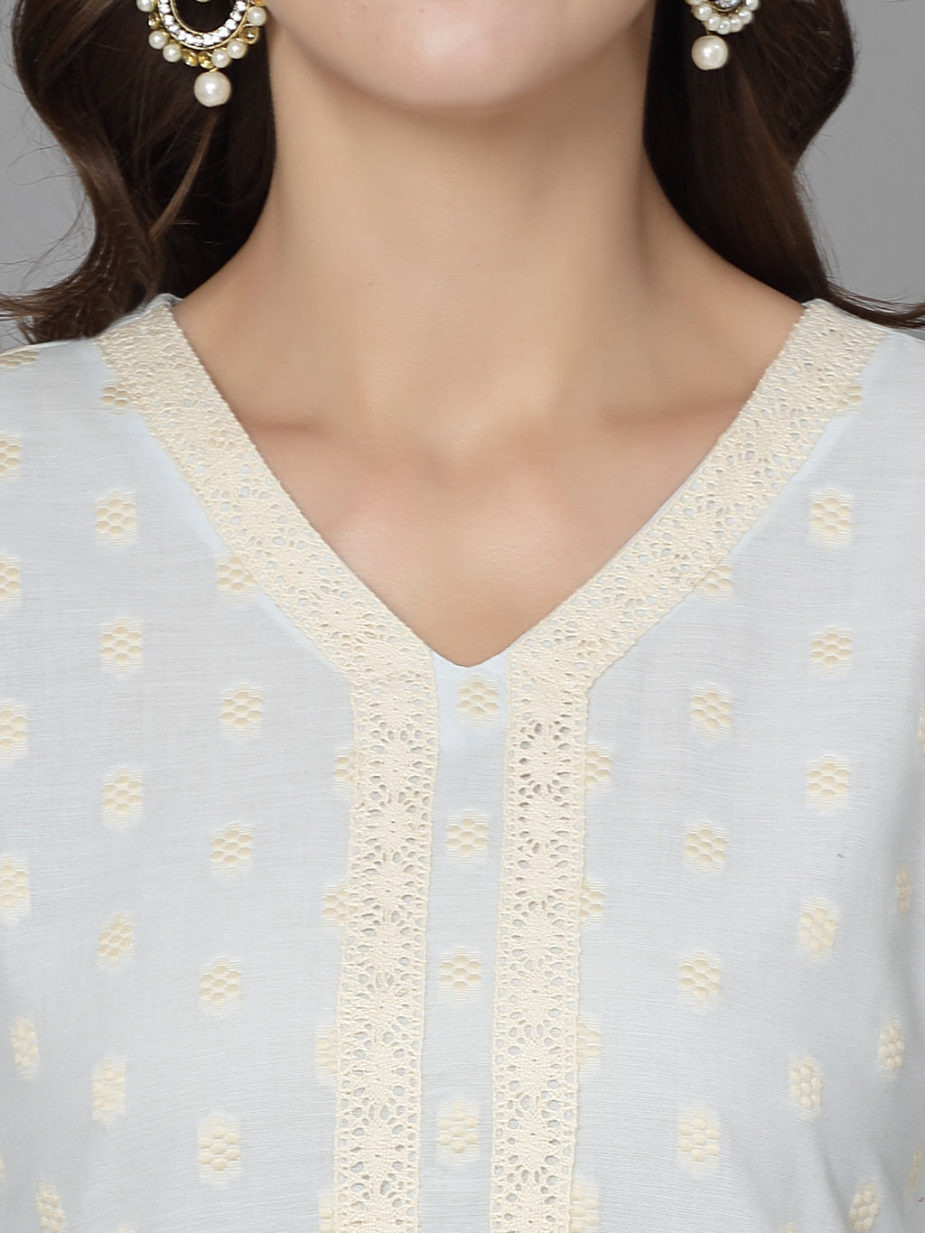 Women Sky Blue Cotton Dobby Kurta With Lace Krya