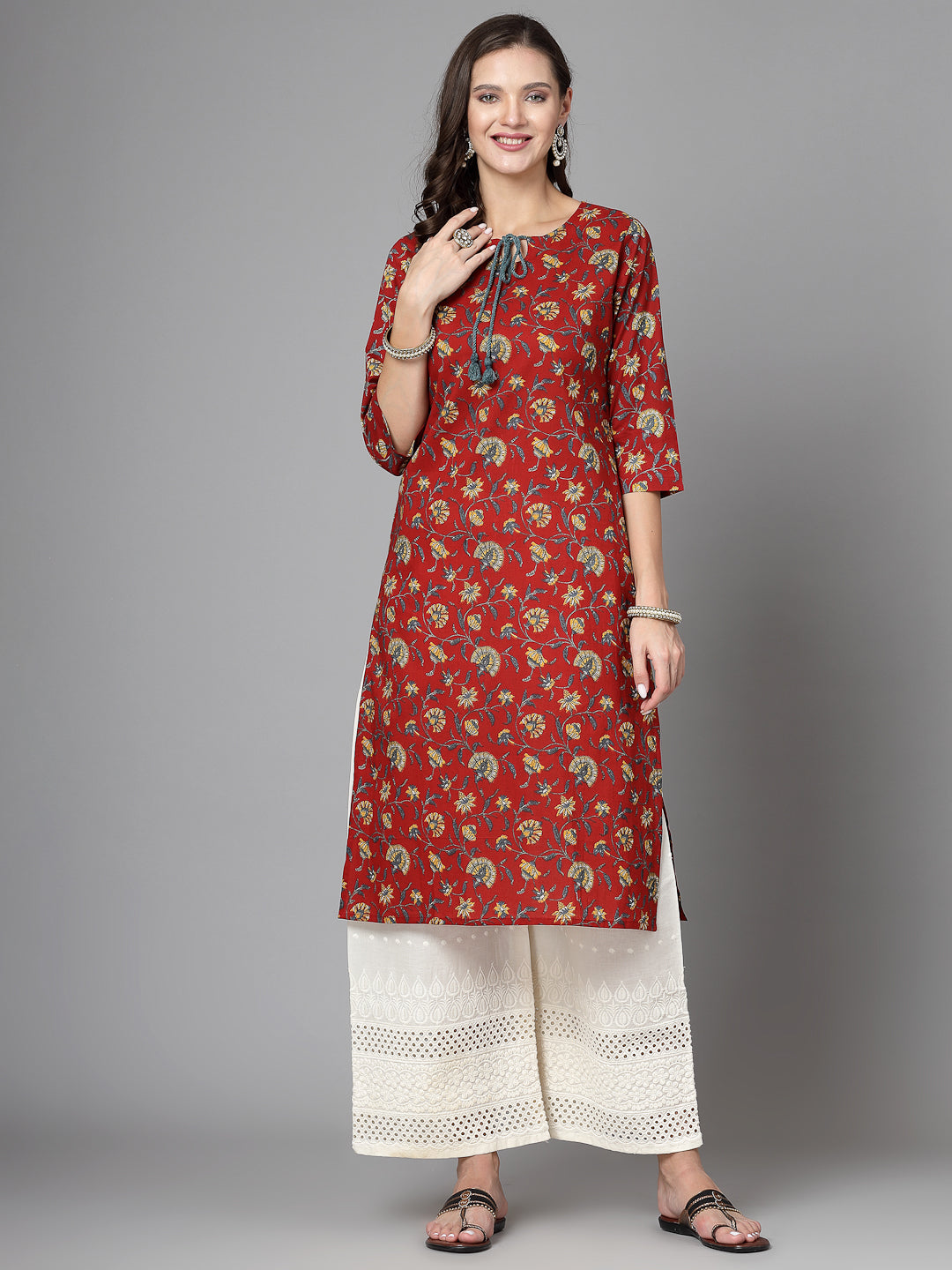 Women Red Floral Printed Tie-Up Neck Kurta