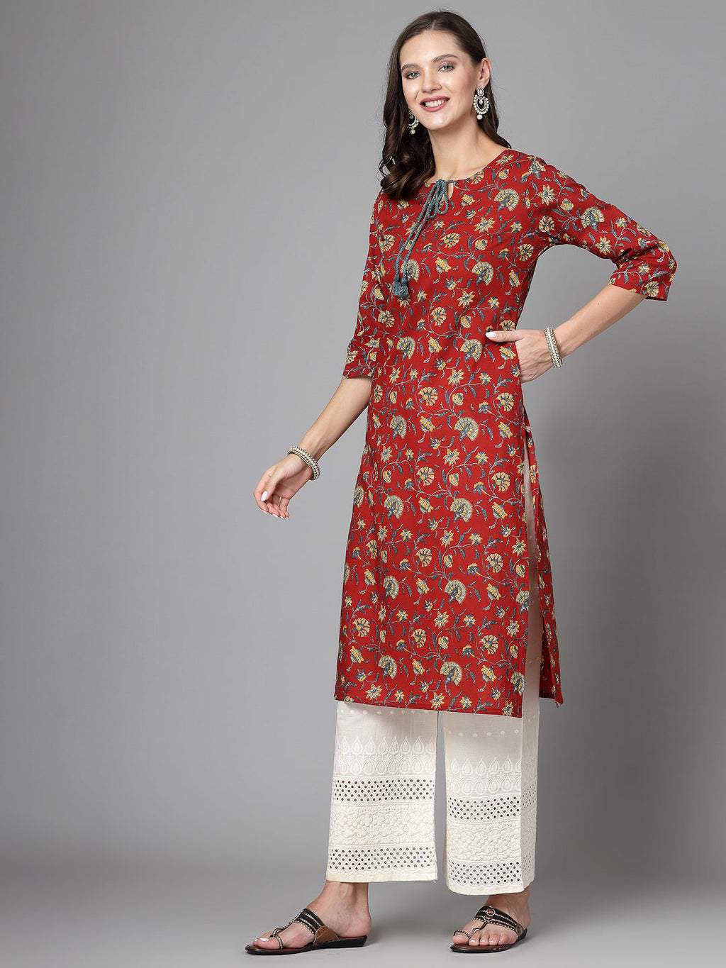 Women Red Floral Printed Tie-Up Neck Kurta Krya