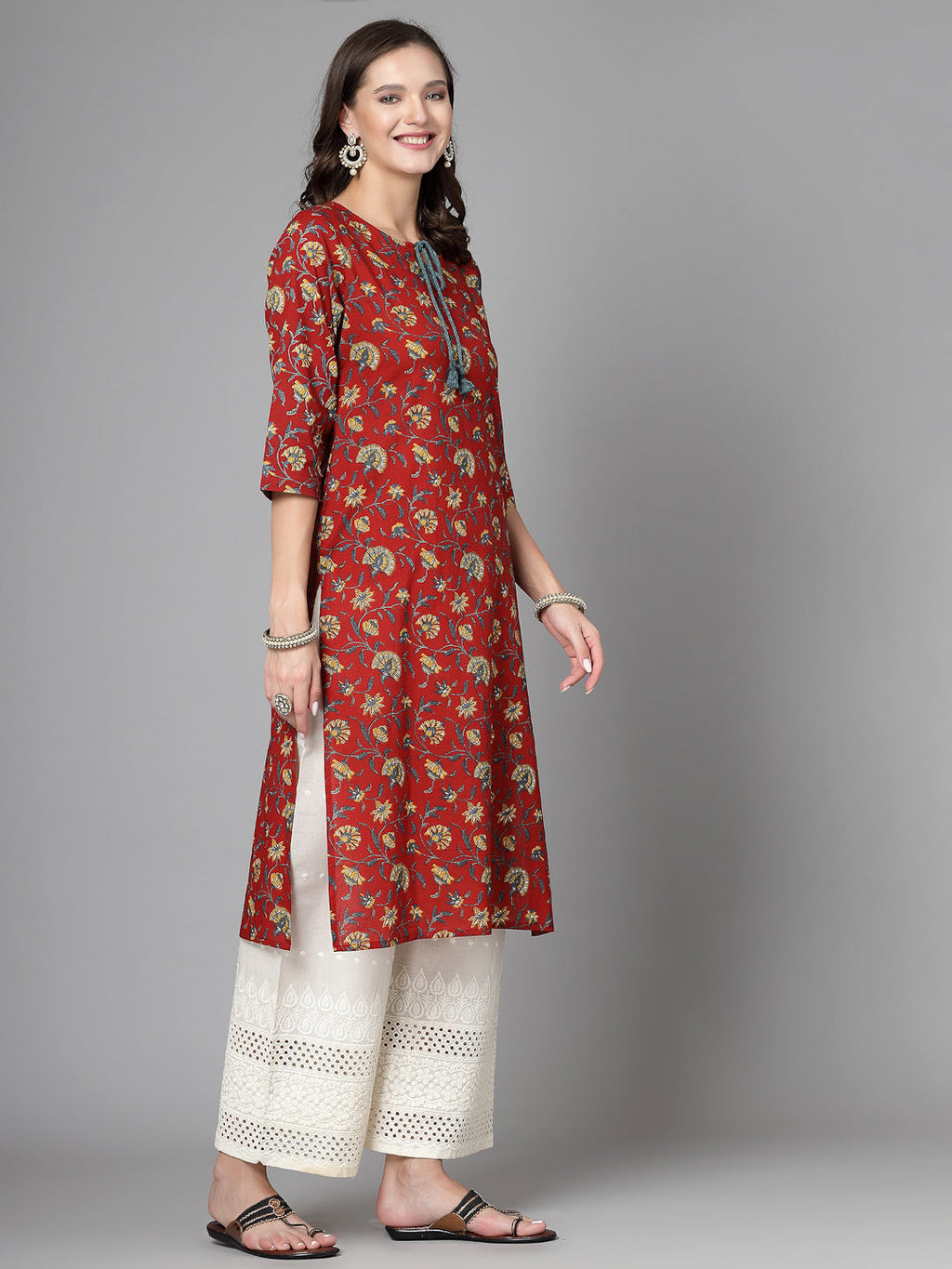 Women Red Floral Printed Tie-Up Neck Kurta Krya