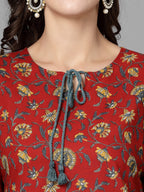 Women Red Floral Printed Tie-Up Neck Kurta Krya