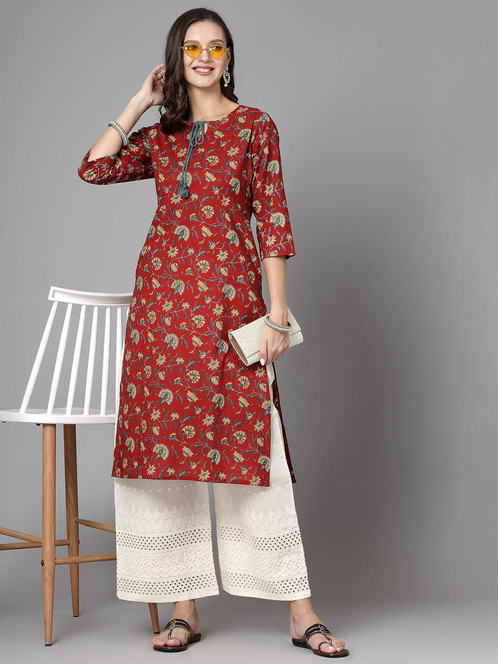 Women Red Floral Printed Tie-Up Neck Kurta Krya