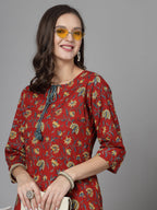 Women Red Floral Printed Tie-Up Neck Kurta Krya