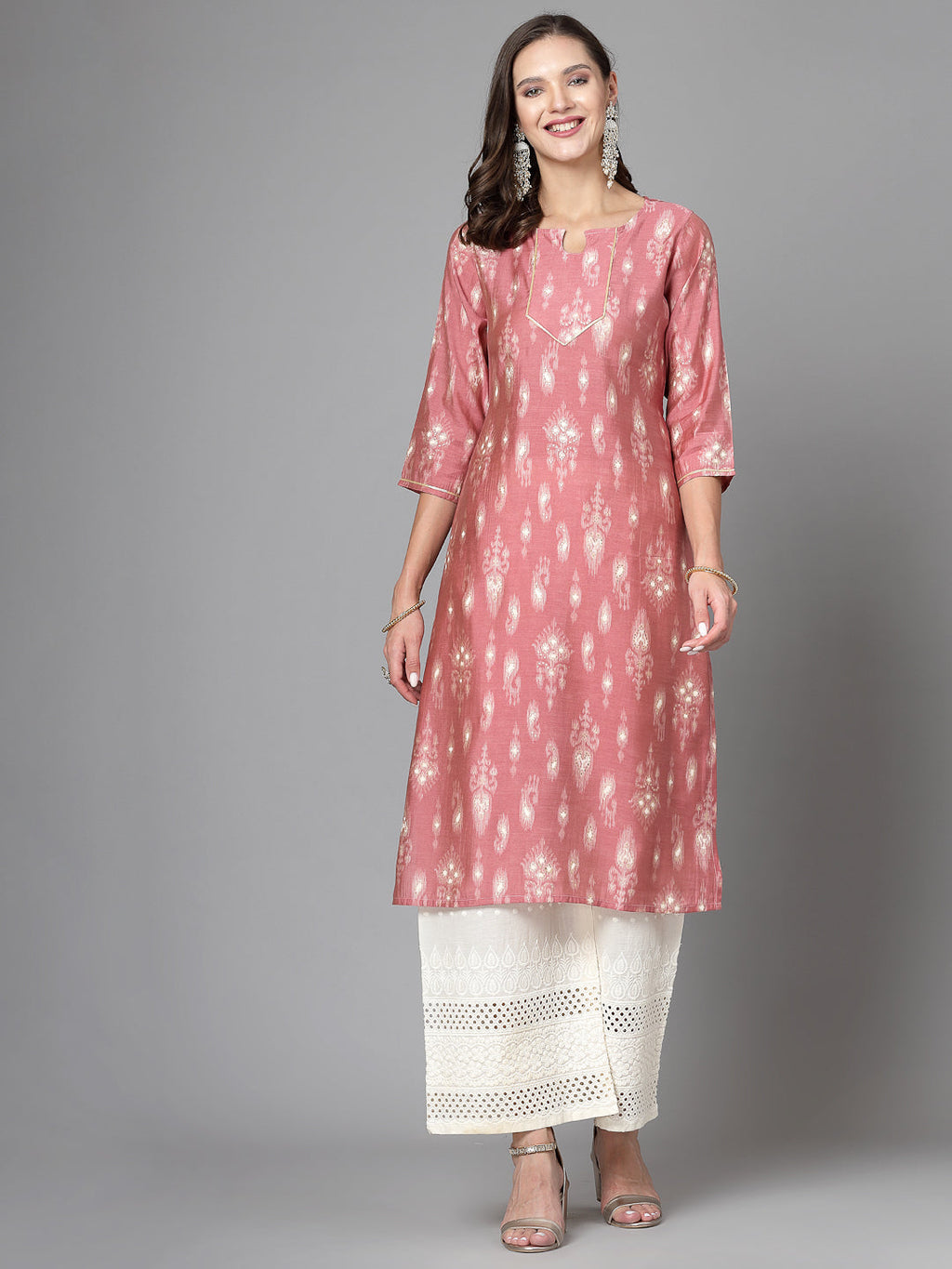 Women Pink Ethnic Motifs Printed Gotta Patti Kurta Krya