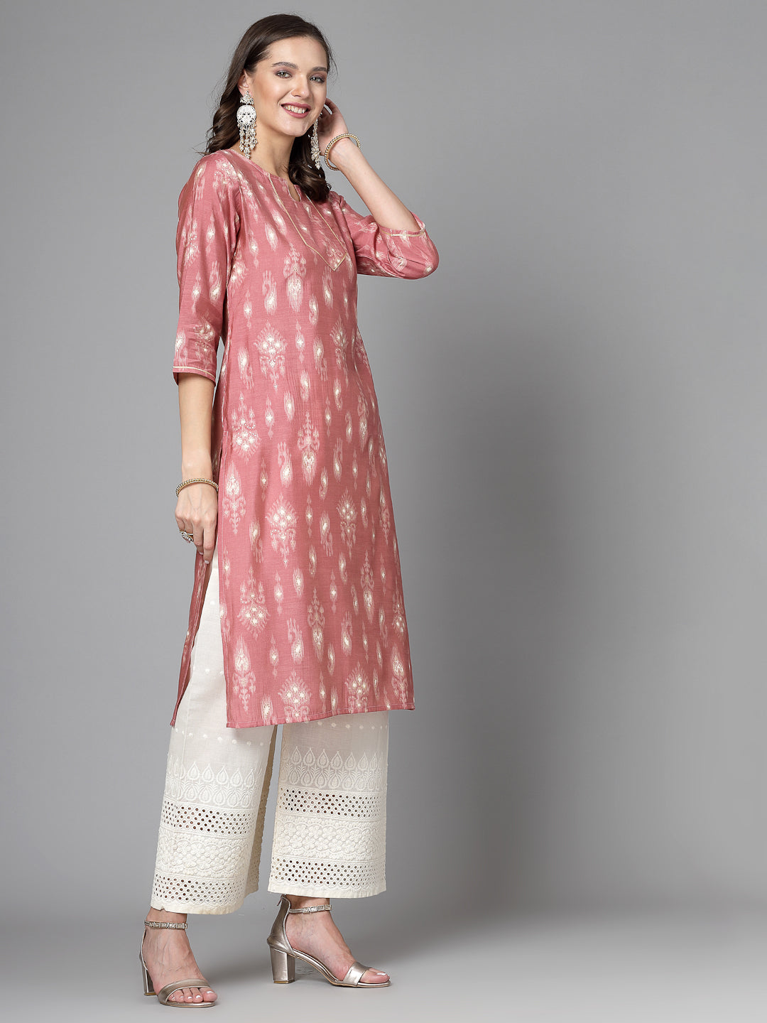 Women Pink Ethnic Motifs Printed Gotta Patti Kurta Krya