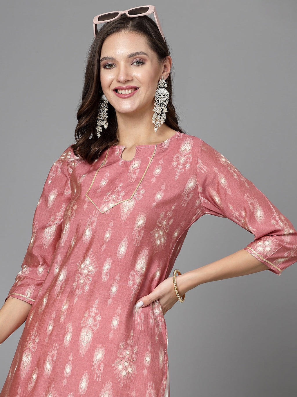 Women Pink Ethnic Motifs Printed Gotta Patti Kurta Krya