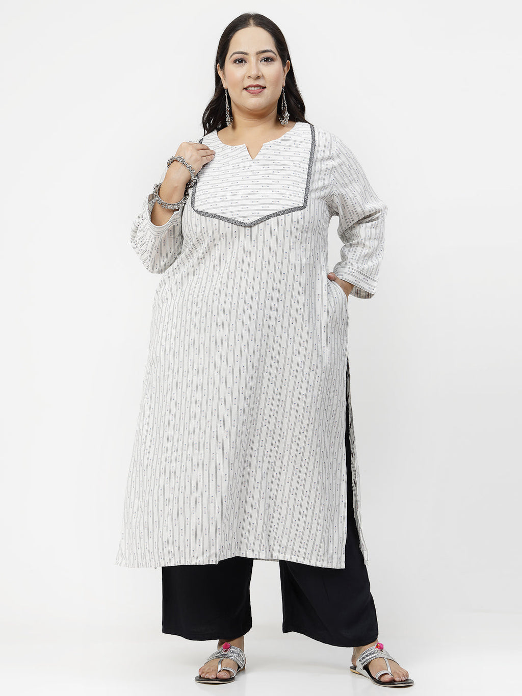 Women Off White Cotton Dobby Kurta Krya