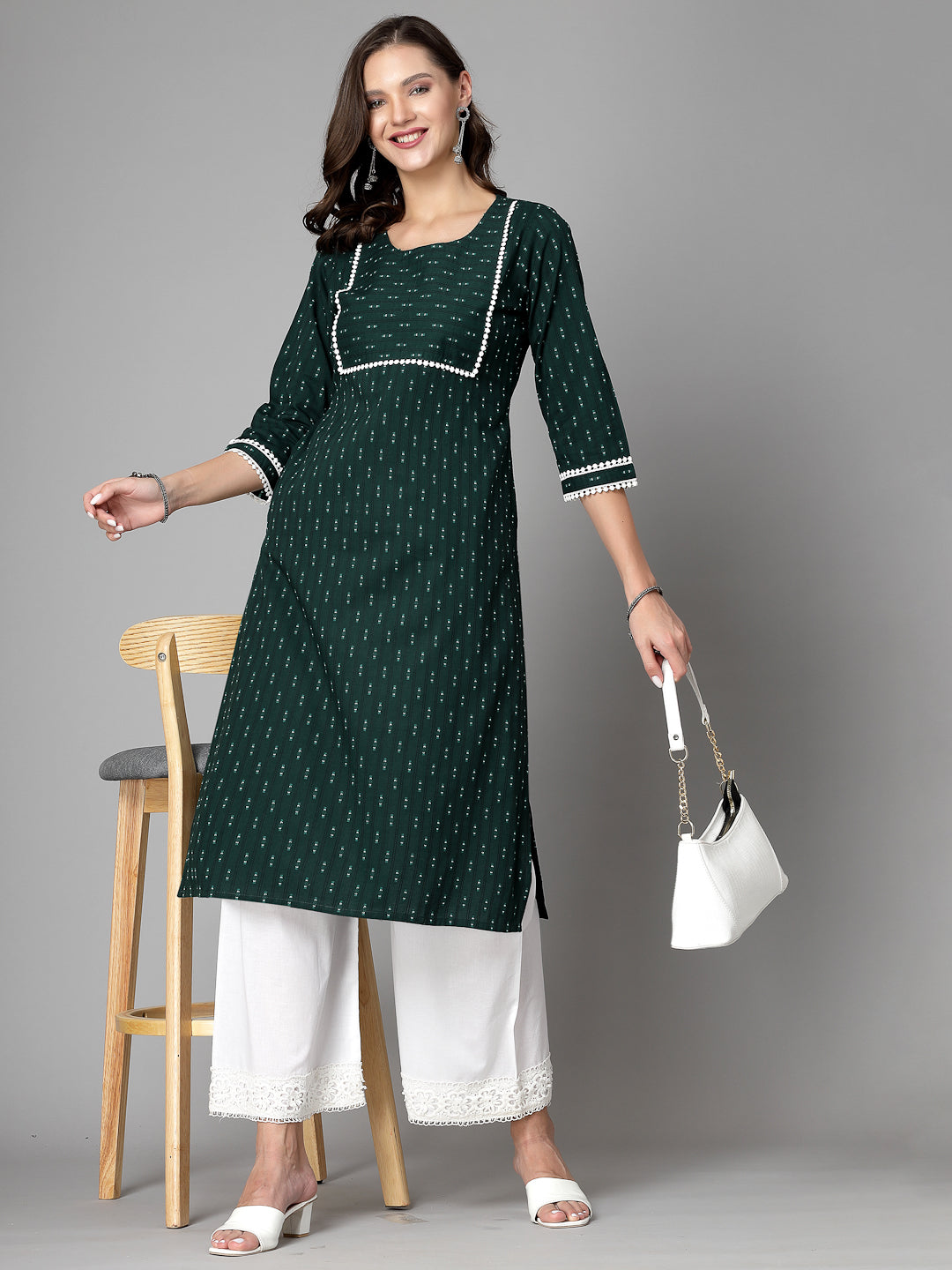 Women Dark Green Cotton Dobby Kurta