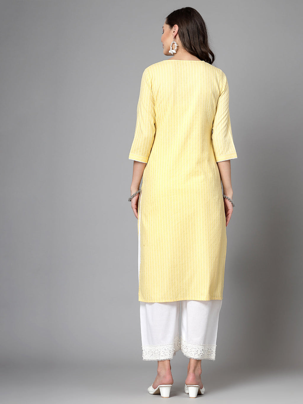 Women Yellow Striped Yarn-Dyed Kurta Krya