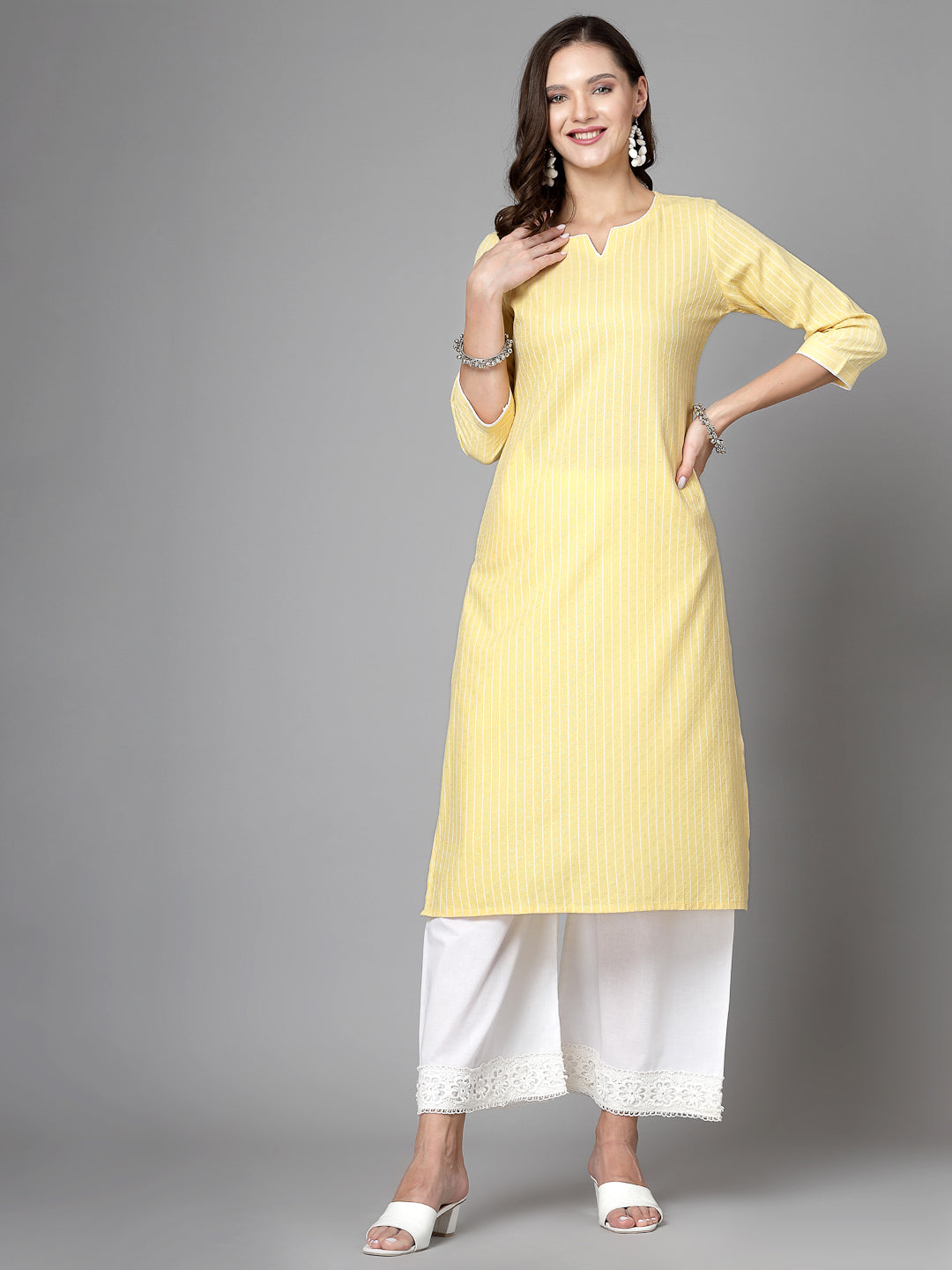 Women Yellow Striped Yarn-Dyed Kurta