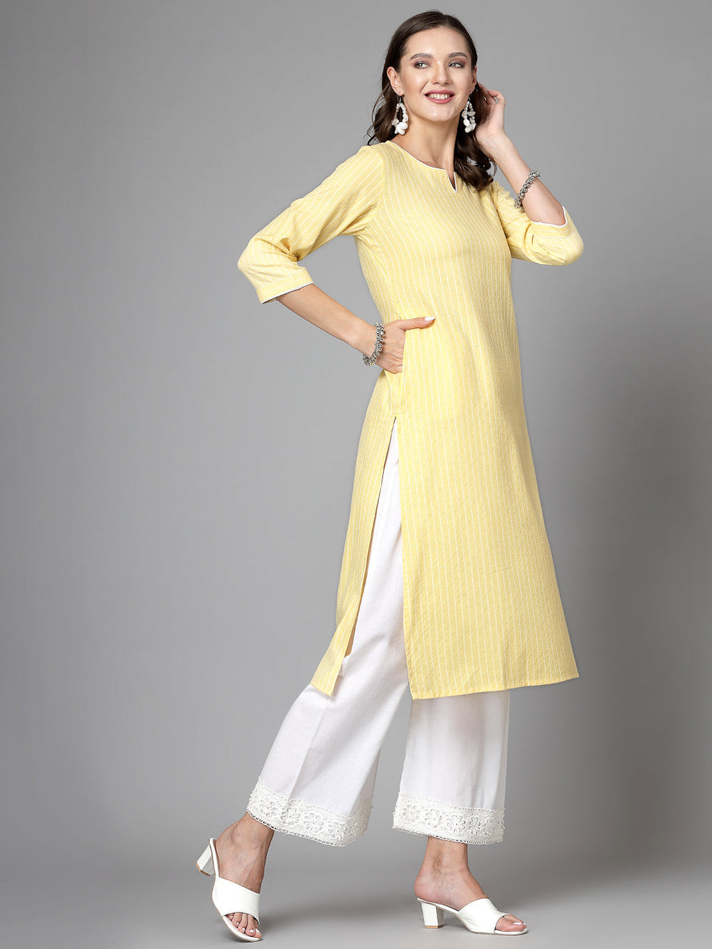 Women Yellow Striped Yarn-Dyed Kurta Krya