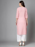 Women Baby Pink Cotton Dobby Kurta With Lace Krya
