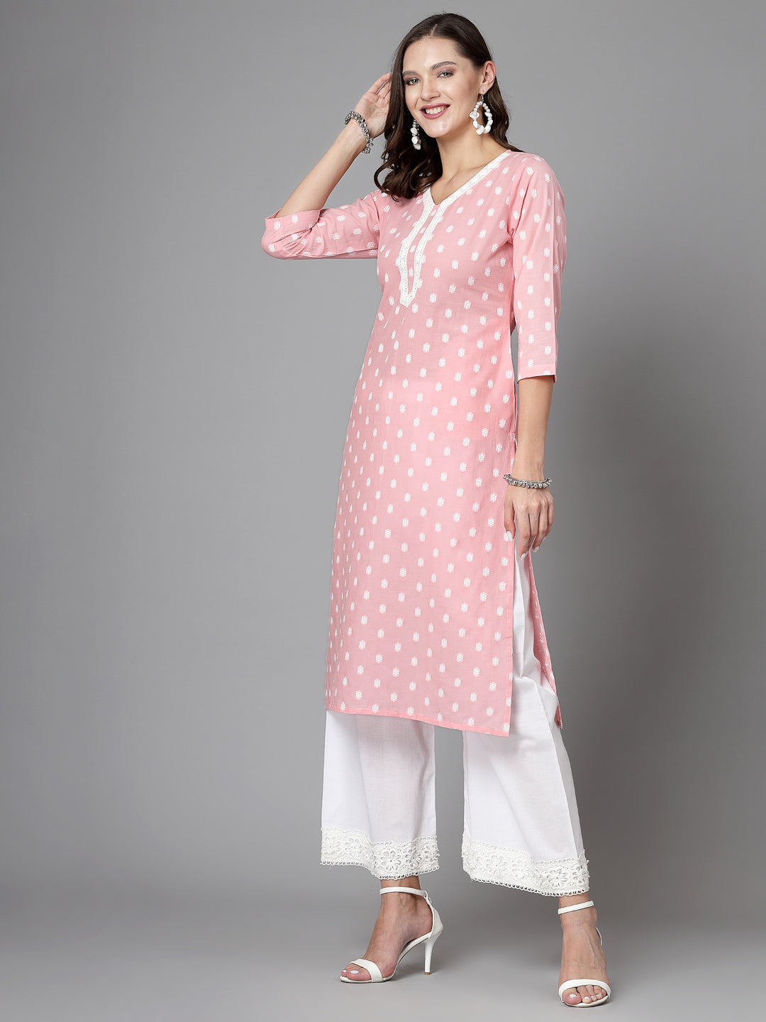 Women Baby Pink Cotton Dobby Kurta With Lace Krya
