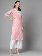 Women Baby Pink Cotton Dobby Kurta With Lace Krya