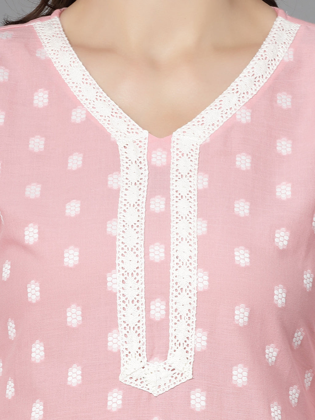 Women Baby Pink Cotton Dobby Kurta With Lace Krya