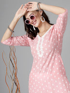 Women Baby Pink Cotton Dobby Kurta With Lace Krya