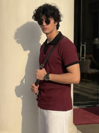 Wine Solid Waffle Cut Away Collar Polo T-Shirt