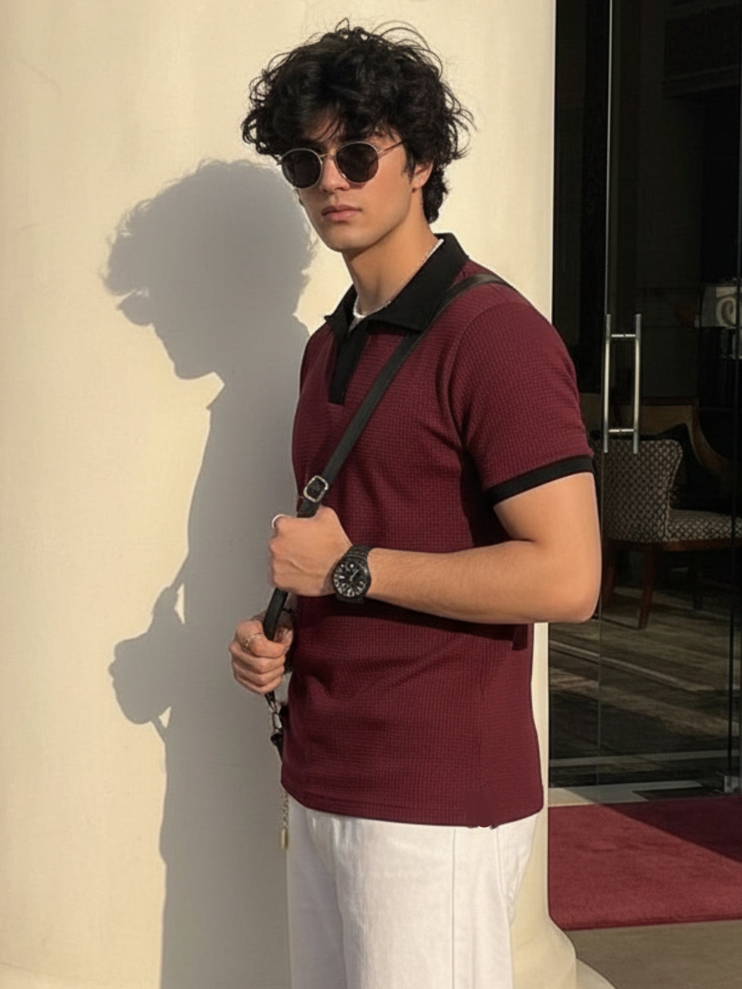 Wine Solid Waffle Cut Away Collar Polo T-Shirt