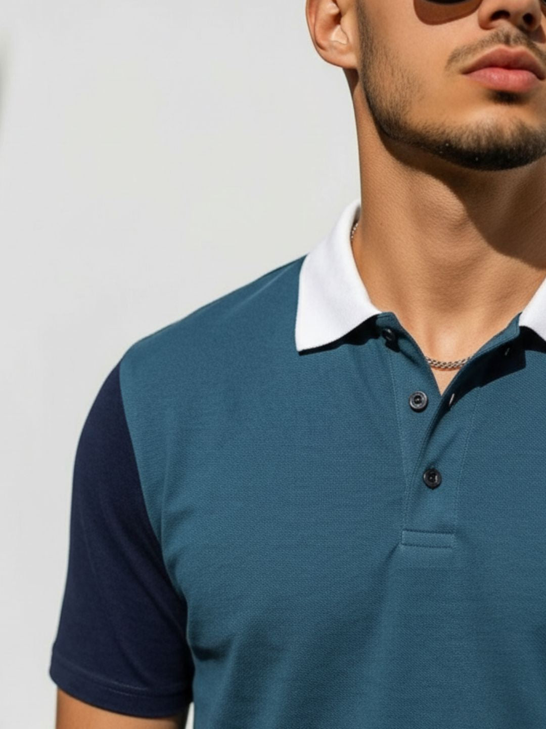 Teal Blue Contrast Half Sleeve Polo T-Shirt