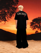 Sacred Printed Oversized Black T-Shirt Main Character
